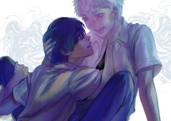 2boys absurdres black_hair black_pants body_horror bui-bui collared_shirt commentary_request crying crying_with_eyes_open deep_wound eye_contact fang fingernails hand_on_another&#039;s_head highres hikaru_ga_shinda_natsu indou_hikaru injury knees_up looking_at_another male_focus mole mole_under_eye multiple_boys nose open_clothes open_mouth open_shirt pants red_eyes shirt short_eyebrows short_hair short_sleeves sitting smile tears teeth tsujinaka_yoshiki white_hair white_shirt