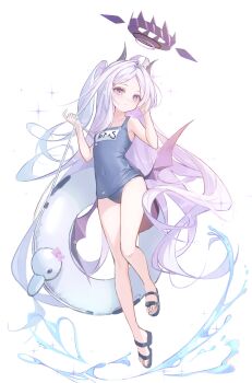 1girl absurdres ahoge bare_legs black_halo black_horns black_sandals blue_archive blue_one-piece_swimsuit closed_mouth covered_navel demon_girl demon_horns demon_wings feet flat_chest full_body gyuromi158 halo hand_on_own_hair hands_up highres hina_(blue_archive) holding holding_swim_ring horns innertube light_blush loli long_hair looking_at_viewer low_wings name_tag old_school_swimsuit one-piece_swimsuit purple_eyes sandals school_swimsuit side_ponytail simple_background solo standing swim_ring swimsuit thighs tilted_head toes very_long_hair water_drop white_background white_hair wings