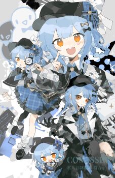 &gt;_o 1girl absurdres artist_request asymmetrical_legwear black_bag black_capelet black_hat black_pantyhose black_sclera black_shoes blue_hair blue_necktie blue_skirt braid braided_hair_rings capelet chibi chinese_commentary claws colored_extremities colored_sclera commentary_request commission deerstalker detective finger_to_cheek grey_background grey_vest hair_rings hat highres holding holding_magnifying_glass index_finger_raised long_sleeves looking_at_viewer magnifying_glass mahou_shoujo_no_majo_saiban miniskirt multiple_views necktie one_eye_closed open_mouth pantyhose pleated_skirt sample_watermark second-party_source shoes short_hair single_leg_pantyhose sitting skirt smile spoilers standing tachibana_sherry vest wariza watermark witch_(manosaba) yellow_eyes