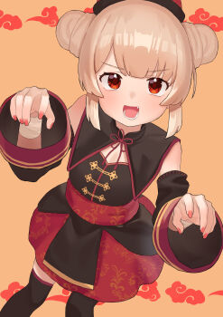 1girl absurdres bandaged_wrist bandages black_thighhighs blonde_hair blush commentary_request double_bun fang hair_bun hat highres jiangshi_costume looking_at_viewer natori_sana natori_sana_(jiangshi) okaki8130 open_mouth qingdai_guanmao red_eyes sana_channel solo teeth thighhighs virtual_youtuber