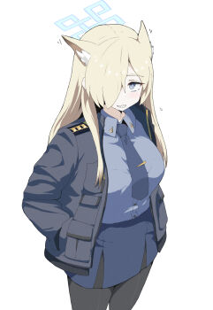 1girl animal_ear_fluff animal_ears black_jacket black_pantyhose blonde_hair blue_archive blue_eyes blue_halo blue_necktie blue_shirt blue_skirt collared_shirt cowboy_shot dog_ears hair_over_one_eye halo highres jacket kanna_(blue_archive) long_hair looking_at_viewer necktie open_clothes open_jacket pantyhose sharp_teeth shirt simple_background skirt solo teeth unamaso white_background