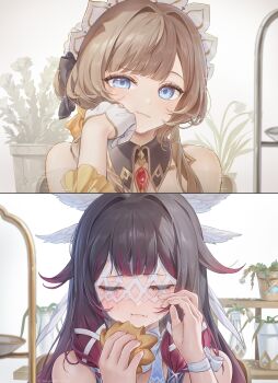 2girls absurdres arm_support bare_shoulders black_hair blush brown_hair closed_eyes closed_mouth columbina_(genshin_impact) commentary_request crying eye_mask facing_viewer food genshin_impact gloves hand_up hands_up highres holding holding_food long_hair looking_at_viewer mask mayuma_(mayuma_0715) multiple_girls purple_hair sandrone_(genshin_impact) smile tears upper_body white_gloves