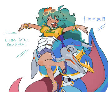 blue_hair blush brazilian_miku closed_eyes digimon digimon_(creature) flip-flops happy hatsune_miku highres horns sandals smile ulforcev-dramon vocaloid wings