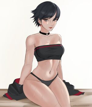 1girl absurdres artist_name bare_shoulders bikini black_bikini black_choker black_hair black_panties black_tube_top boruto:_two_blue_vortex choker closed_mouth earrings glasses grey_eyes highres jewelry light_smile lips naruto_(series) navel panties rimless_eyewear short_hair simple_background sitting solo strapless sweat swept_bangs swimsuit thighs tube_top twitter_username uchiha_sarada uchihaniray underwear undressing watermark web_address white_background