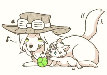 absurdres animalization beanie birthmark blue_eyes brown_hat cat commentary dog eighth_note english_commentary goggles goggles_on_headwear gold_teeth green_eyes gyro_zeppeli hat highres horseshoe_hat_ornament horseshoe_ornament joestar_birthmark johnny_joestar jojo_no_kimyou_na_bouken limited_palette long_hair m_a_a_m_8 musical_note no_humans paw_print smile spoken_musical_note star_(symbol) star_print steel_ball_(jojo) steel_ball_run tail tail_wagging white_hat
