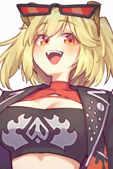 1girl black-framed_eyewear black_jacket black_tube_top blonde_hair breasts burnice_white cleavage commentary english_commentary eyewear_on_head flame_print highres jacket large_breasts looking_at_viewer open_mouth orange_eyes red-tinted_eyewear sher_(imnotsher) simple_background solo strapless sunglasses tinted_eyewear tube_top upper_body white_background zenless_zone_zero