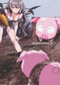 1girl 1other accel_world arita_haruyuki arrow_(symbol) blurry blurry_background breasts brown_hair buhanochka_z camouflage camouflage_jacket cleavage downblouse explosive fpv_drone grey_shirt grey_skirt grin high-explosive_anti-tank_(warhead) highres inset jacket leaning_forward long_hair mecha_musume medium_breasts off-shoulder_shirt off_shoulder personification pig piglet propeller red_eyes russian_ground_forces russo-ukrainian_war shirt skirt sky smile telegram_id tree ukraine ukrainian_ground_forces unmanned_aerial_vehicle