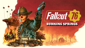 2girls 5boys absurdres bare_tree brown_gloves brown_hat car copyright_logo cowboy_hat english_text fallout fallout_76 ghoul_(fallout) gloves gun hat highres holding holding_gun holding_weapon logo male_focus motor_vehicle multiple_boys multiple_girls official_art pig the_ghoul_(fallout_tv_series) tree weapon