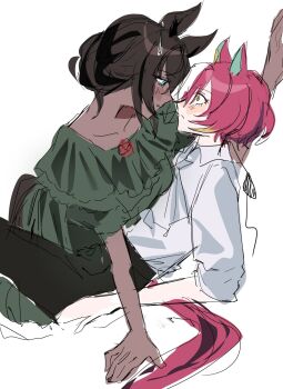 Rule 34 | 2girls, animal ears, astronghouse, black hair, black pants, blue eyes, collared shirt, commentary request, dark-skinned female, dark skin, dress, face-to-face, flustered, green dress, highres, horse ears, horse girl, horse tail, imminent kiss, kabedon, korean commentary, multiple girls, pants, reclining, red hair, red tail, shirt, short hair, simple background, surprised, symboli kris s (umamusume), tail, tanino gimlet (umamusume), umamusume, white background, white hair, white shirt, yellow eyes, yuri