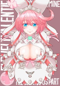 1girl ahoge animal_ears aqua_eyes blush bracelet breasts bridal_veil cleavage cleavage_cutout closed_mouth clothing_cutout clover commentary_request covered_erect_nipples dress elphelt_valentine english_text fake_animal_ears four-leaf_clover guilty_gear guilty_gear_xrd hair_between_eyes hairband highres jewelry large_breasts looking_at_viewer okomepon pink_hair rabbit_ears short_hair smile solo spiked_bracelet spiked_hairband spikes thick_eyelashes veil wedding_dress