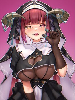 1girl black_coif black_gloves black_shirt black_skirt blunt_bangs breasts cleavage_cutout clothing_cutout commentary cropped_shirt curled_horns gloves gradient_background hand_up heart heart-shaped_pupils heart_cutout heterochromia highres hololive horns houshou_marine houshou_marine_(ahoy!!_you're_all_pirates) jewelry large_breasts long_hair looking_at_viewer necklace nun official_alternate_costume official_alternate_hairstyle pink_background red_eyes red_hair shirt simple_background skin_tight skirt skylock solo straight-on symbol-shaped_pupils tongue tongue_out upper_body very_long_hair virtual_youtuber yellow_eyes