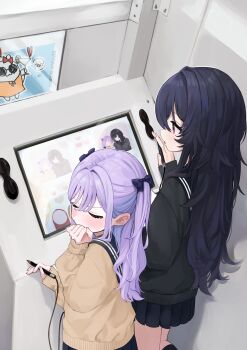 2girls absurdres alternate_costume black_bow black_serafuku black_skirt blush bow cardigan closed_eyes covering_own_mouth embarrassed from_above green_cardigan hair_bow hair_intakes hanada_ten highres holding holding_pen iris_black_games kisaragi_ren_(5th_costume)_(vspo!) kisaragi_ren_(vspo!) long_hair long_sleeves looking_at_object multiple_girls parted_bangs pen photo_(object) photo_booth pleated_skirt purikura purple_hair red_eyes sailor_collar school_uniform screen serafuku shinomiya_runa sidelocks skirt two_side_up virtual_youtuber vspo! wavy_hair yellow_cardigan