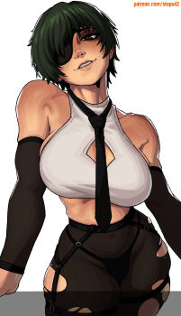1girl bare_shoulders black_necktie black_panties black_pantyhose black_sleeves black_suspenders blush breasts chainsaw_man covered_collarbone covered_navel cowboy_shot detached_sleeves eyelashes eyepatch green_eyes green_hair highres himeno_(chainsaw_man) large_breasts lips looking_at_viewer midriff_peek necktie nose panties pantyhose parted_lips patreon_username shirt short_hair simple_background skindentation smile solo stopu teeth torn_clothes torn_pantyhose underwear white_background white_shirt