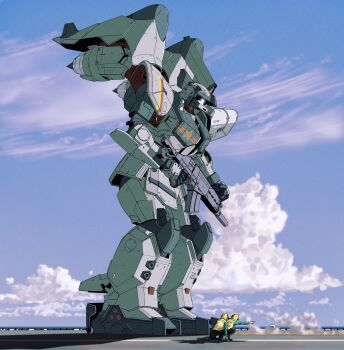 2others blue_sky cloud commentary cumulonimbus_cloud day english_commentary flight_deck from_side ginn gun gundam gundam_seed helmet high-visibility_clothing high-visibility_vest highres holding holding_gun holding_weapon jet_engine mecha mecha_focus mfi_foxglove mobile_suit multiple_others one-eyed outdoors redesign robot science_fiction signature sky star_(symbol) takeoff trigger_discipline weapon white_eyes yellow_helmet