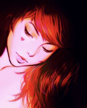 1girl closed_eyes dark_background facial_mark head_tilt heart heart_facial_mark highres ilya_kuvshinov lips long_hair original portrait red_hair