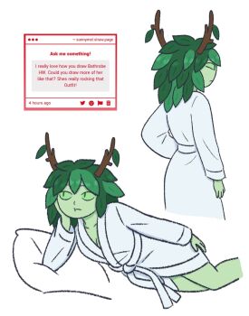 1girl :t adventure_time adventure_time:_fionna_and_cake alternate_costume antlers bathrobe breasts colored_sclera colored_skin from_behind green_eyes green_hair green_sclera green_skin hair_branch highres horns huntress_wizard leaf looking_at_viewer lying naked_robe on_side plant_hair robe simple_background strawpage sunny_meel white_bathrobe white_robe