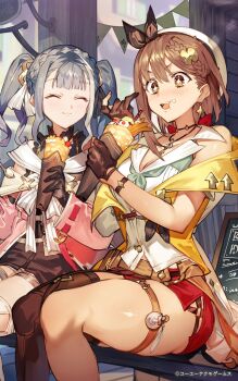 2girls ^_^ atelier_(series) atelier_ryza atelier_ryza_2 beret black_gloves blunt_bangs blush braid breasts brown_eyes brown_gloves brown_hair brown_thighhighs cleavage closed_eyes closed_mouth commentary_request copyright_notice crepe earrings food food_on_face frilled_thigh_strap gloves grey_hair hat highres holding holding_crepe holding_food holding_spoon jewelry key key_necklace long_sleeves medium_breasts multiple_girls necklace open_mouth patricia_abelheim red_shorts reisalin_stout second-party_source short_hair short_shorts shorts single_thighhigh sitting sparkling_eyes spoon thick_thighs thigh_strap thighhighs thighs toridamono twintails white_hat white_thighhighs