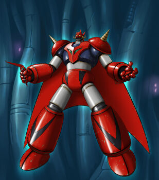 Rule 34 | arm blade, armor, blue armor, cable, chipped paint, commentary request, flying, forehead jewel, full body, getter dragon, getter robo, head spikes, highres, holding boomerang, indoors, mecha, mecha focus, multicolored armor, open mouth, red armor, robot, scratched paint, shin getter robo, shoulder spikes, solo, spikes, super robot, tomolow1971, weapon, yellow eyes
