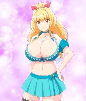 1girl blonde_hair breasts cleavage hand_on_own_hip highres honoo_no_haramase_oppai_ero_appli_gakuen huge_breasts kisaragi_kyouko large_breasts legs midriff miniskirt navel orange_eyes pleated_skirt ponytail skirt smile solo stitched thick_thighs thighs third-party_edit