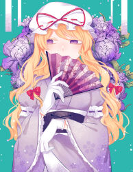 Rule 34 | 1girl, absurdres, blonde hair, bow, commentary request, covering own mouth, dress, floral background, floral print, flower, folding fan, gloves, hair bow, hair ribbon, hand fan, hat, hat ribbon, highres, holding, japanese clothes, long hair, long sleeves, looking to the side, mob cap, peony (flower), purple eyes, purple flower, ribbon, sideways glance, solo, toraneko 2, touhou, tress ribbon, white gloves, wide sleeves, yakumo yukari