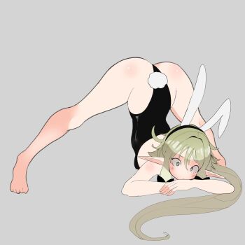 1girl akisas99 animal_ears ass barefoot black_leotard breasts commentary commission elf english_commentary fake_animal_ears fake_tail goblin_slayer! green_eyes grey_background grey_hair high_elf_archer_(goblin_slayer!) highres jack-o'_challenge leotard long_hair paid_reward_available pointy_ears rabbit_ears rabbit_tail simple_background small_breasts solo tail toes top-down_bottom-up very_long_hair