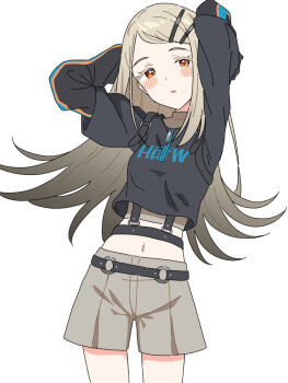 1girl arms_behind_head arms_up belt black_belt black_shirt blonde_hair blush breasts colored_eyelashes commentary_request contrapposto cowboy_shot cropped_shirt flipped_hair fumi_tsu_ki gakuen_idolmaster gradient_hair grey_hair grey_shorts hair_ornament hairclip harness howling_over_the_world_(idolmaster) idolmaster long_hair long_sleeves looking_at_viewer midriff multicolored_hair orange_eyes parallel_hairclips parted_lips shinosawa_hiro shirt shorts simple_background small_breasts solo standing swept_bangs white_background zipper