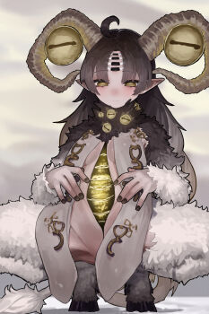 1girl absurdres ahoge animal_feet animal_legs black_hair black_nails breasts closed_mouth commentary_request demon_girl demon_horns ekrea_jan elden_ring elden_ring_nightreign extra_eyes highres hooves horizontal_pupils horns libra_(elden_ring) long_hair pointy_ears small_breasts solo spread_legs squatting yellow_eyes