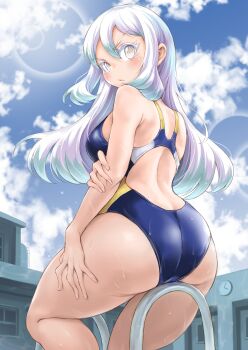1girl absurdres aqua_hair back_cutout blue_sky blush breasts clock closed_mouth clothing_cutout cloud cloudy_sky colored_eyelashes commentary_request competition_swimsuit from_below hair_between_eyes hand_on_own_arm highres jikkyou_powerful_pro_yakyuu kirisaki_reiri long_hair looking_back multicolored_hair one-piece_swimsuit outdoors pawahotel3021 pool_ladder power_pro_appli ringed_eyes sky solo swimsuit wall_clock wet white_hair