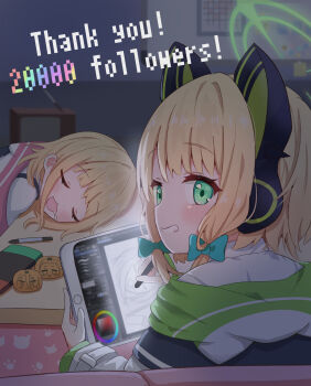 2girls animal_ear_headphones animal_ear_hood animal_ears blonde_hair blue_archive blush bow cat_ear_headphones cat_ears character-themed_food clip_studio_paint closed_eyes commentary_request drawing_(action) drooling english_text fake_animal_ears from_behind green_bow green_eyes green_halo green_jacket grin hair_bow halo handheld_game_console headphones highres holding holding_stylus holding_tablet_pc hood hood_down hooded_jacket indoors jacket long_sleeves looking_at_viewer looking_back low-tied_sidelocks midori_(blue_archive) mikumiku37 momoi_(blue_archive) multicolored_jacket multicolored_text multiple_girls night no_hair_bow off_shoulder open_mouth rainbow_text screen_light shirt short_hair siblings sidelocks sisters sleeping sleeping_on_desk smile stylus suspenders tablet_pc thank_you turning_head twins upper_body white_jacket white_shirt