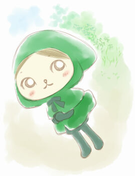 1girl :3 ala-chan animal animal_ears black_eyes blush brown_hair capelet chibi cosmo_sekiyu dog dog_ears dog_girl dress furry gloves grass green_capelet green_dress green_gloves green_pantyhose green_theme hood hood_up hooded_capelet looking_at_viewer pantyhose short_hair sky standing yamanokonza