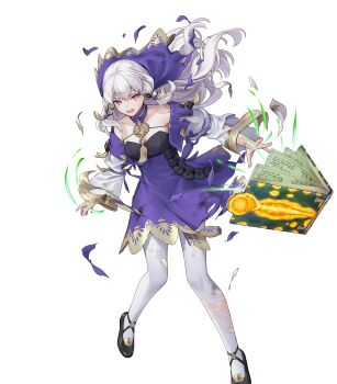 1girl book breasts brooch cleavage damaged dress fire_emblem fire_emblem_heroes flat_chest floating floating_book floating_object gold_trim high_heels highres jewelry lace lace-trimmed_dress lace_trim long_hair lysithea_von_ordelia lysithea_von_ordelia_(timeskip) nintendo non-web_source official_alternate_costume official_art open_mouth pantyhose pumps purple_dress red_eyes solo torn_clothes torn_dress torn_pantyhose v-shaped_eyebrows veil white_hair