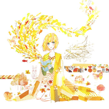 1girl abstract aqua_eyes blonde_hair blunt_bangs blush bob_cut book cathinthecloud chipmunk commentary english_commentary fly_agaric full_body hedgehog holding holding_book invisible_floor kneeling looking_at_viewer masking_tape_(medium) mixed_media mushroom open_book original parted_lips rabbit short_hair signature sleeves_past_wrists smile solo squirrel traditional_media tree_stump unconventional_media white_background yellow_cloak