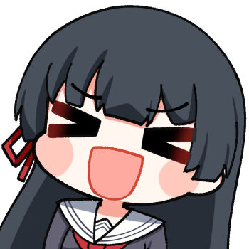 Rule 34 | > <, 1girl, :d, black hair, chibi, chibi only, chisa (wuthering waves), commentary, hair ribbon, laughing, long hair, open mouth, portrait, red ribbon, ribbon, sailor collar, simple background, smile, solo, sticker (medium), symbol-only commentary, twomoon, white background, white sailor collar, wuthering waves