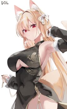 1girl animal_ears armpits bare_shoulders black_dress black_nails blonde_hair bow breasts closed_mouth clothing_cutout commentary covered_navel cowboy_shot detached_sleeves dolechan dragon_print dress expressionless fox_ears fox_girl fox_tail hair_bow hand_up highres large_breasts long_hair long_sleeves looking_at_viewer nail_polish original pelvic_curtain print_dress red_eyes simple_background sleeveless sleeveless_dress solo symbol-only_commentary tail underboob underboob_cutout very_long_hair white_background