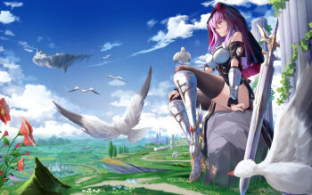 1girl absurdres arm_guards armored_boots bare_shoulders bird boots cleavage_cutout clothing_cutout cloud cloudy_sky floating_island flower greatsword h_yoruneko highres landscape long_hair nun original parted_lips pelvic_curtain purple_hair red_eyes sky sword thighhighs thighs weapon