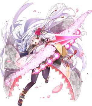 &gt;:o 1girl :o ahoge akaneya blush bowgun eyes_visible_through_hair flower full_body hair_flower hair_ornament hair_over_one_eye holding holding_weapon long_hair official_art open_mouth oshiro_project:re oshiro_project:re pantyhose red_eyes shirakawa_komine_(oshiro_project) transparent_background v-shaped_eyebrows very_long_hair weapon white_hair