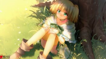 1girl atelier-moo blonde_hair boots bow brown_boots capelet choker closed_mouth collarbone crying crying_with_eyes_open elbow_gloves foot_out_of_frame frilled_capelet frills game_cg gloves green_bow green_capelet green_choker green_eyes green_ribbon green_skirt hair_between_eyes hands_on_own_knee hugging_own_legs maria_short miniskirt official_art outdoors pleated_skirt raised_inner_eyebrows ribbon second-party_source short_twintails sitting skirt solo tears thighhighs tree twintails yellow_gloves yellow_thighhighs yuukyuu_gensoukyoku yuukyuu_gensoukyoku_revival