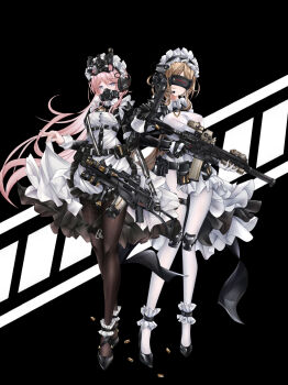 Rule 34 | 1girl, assault rifle, bang dream!, bang dream! it's mygo!!!!!, black background, black gloves, black mask, black pantyhose, black shoes, breasts, brown hair, character name, chibi, chihaya anon, commentary request, covered erect nipples, full body, gloves, gun, h&amp;k g36c, h&amp;k hk416, headdress, headset, highres, holding, holding gun, holding weapon, iue (pixiv 95802465), large breasts, long hair, maid, maid headdress, mask, medium breasts, microphone, nagasaki soyo, night vision device, pantyhose, pink hair, respirator, rifle, shoes, solo, very long hair, weapon, white background, white gloves, white pantyhose