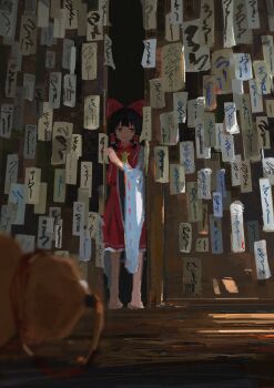 1girl absurdres ascot barefoot bow detached_sleeves frilled_bow frilled_hair_tubes frills hair_bow hair_tubes hakurei_reimu highres indoors koukouya ofuda red_bow red_skirt ribbon-trimmed_sleeves ribbon_trim skirt solo touhou yellow_ascot