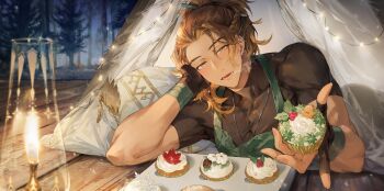 1boy absurdres apron asymmetrical_bangs asymmetrical_sidelocks black_bodysuit black_gloves blush bodysuit braid breath brown_hair chap_sal_! commentary cupcake ear_piercing eyebrow_cut fang fingerless_gloves food foreshortening forest french_braid gingerbread_man glint gloves goldbullet green_apron hair_over_shoulder hand_on_own_cheek hand_on_own_face highres holding holding_food holostars holostars_english jewelry lantern leaf lights looking_at_viewer lying male_focus mistletoe nature necklace on_stomach open_mouth orange_eyes outdoors pencil piercing pillow pinecone ponytail reaching reaching_towards_viewer short_sleeves sidelocks skin_tight smile snowflakes solo string_lights sweets symbol-only_commentary tent tray tree virtual_youtuber