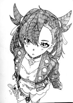 1girl asymmetrical_bangs breasts choker dress earrings eating eindrawppsn from_above gen_8_pokemon greyscale hair_ribbon highres jacket jewelry looking_at_viewer marnie_(pokemon) monochrome morpeko morpeko_(full) nintendo parted_lips pokemon pokemon_(creature) pokemon_swsh ribbon simple_background small_breasts twintails undercut white_background