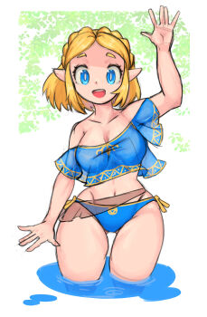 Rule 34 | 1girl, absurdres, arm up, bikini, blonde hair, blue bikini, blue eyes, braid, breasts, collarbone, crown braid, gluteal fold, hashtag-only commentary, highres, leaf, looking at viewer, navel, nintendo, okera, pointy ears, princess zelda, sarong, short hair, sidelocks, solo, swimsuit, the legend of zelda, the legend of zelda: tears of the kingdom, wading, water
