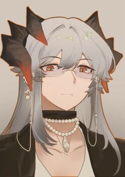 1girl ajiajia1104 arknights black_choker black_horns black_jacket choker closed_mouth commentary glasses grey_hair hair_between_eyes horns jacket jewelry long_hair looking_at_viewer necklace orange_eyes orange_horns pearl_necklace portrait rectangular_eyewear saria_(arknights) solo split_mouth symbol-only_commentary