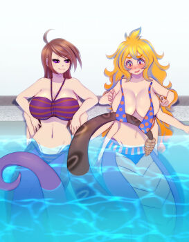2girls bikini blonde_hair breasts brown_hair cleavage clothes_pull extra_arms fusion highres lamia large_breasts meltyvixen monster_girl multiple_girls one-piece_swimsuit_pull prank pull pulling_another&#039;s_clothes siblings sisters swimsuit wardrobe_malfunction