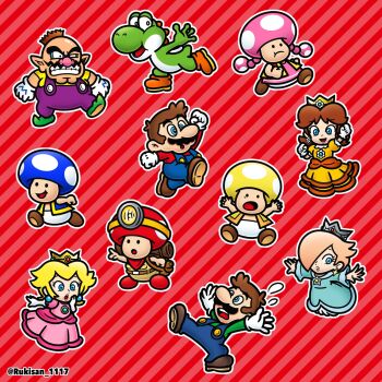blonde_hair blue_eyes blue_toad_(mario) brown_hair captain_toad dinosaur dress facial_hair flying gloves highres jumping luigi mario mario_(series) mustache nintendo overalls princess princess_daisy princess_peach rosalina rukisan_1117 running shirt shoes sweatdrop toad_(mario) toadette wario yellow_toad_(mario) yoshi