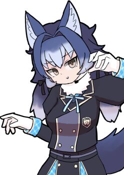 1girl animal_ears belt blue_hair dire_wolf_(kemono_friends) extra_ears gloves grey_eyes jacket japari_symbol kemono_friends kemono_friends_v_project long_hair looking_at_viewer microphone ribbon simple_background skirt solo tail twintails virtual_youtuber wellwich wolf_ears wolf_girl wolf_tail