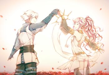 1boy 1girl ass back bare_back biao_moji blue_gloves blue_shirt closed_mouth dancer dancing dress elbow_gloves fingerless_gloves fire_emblem fire_emblem_awakening from_behind gloves highres inigo_(fire_emblem) long_hair looking_at_another mother_and_son nintendo official_alternate_hair_color olivia_(fire_emblem) panties pink_hair ponytail shirt short_hair skindentation smile standing thighhighs thighs underwear white_dress white_hair white_panties white_thighhighs