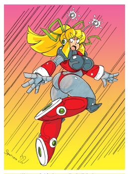 1girl android antennae armor armored_boots armored_gloves arms_up ass bikini_armor blonde_hair blue_eyes boots breasts flying full_body gradient_background green_ribbon hair_ribbon hairband headphones highres hyper_roll_(marvel_vs._capcom) jet_boots joints knee_boots knee_pads large_breasts lineart long_hair looking_at_viewer looking_down marvel_vs._capcom mechanical_arms mechanical_boots mechanical_legs mega_man_(classic) mega_man_(series) open_mouth pink_background ponytail pumpkinsareholy radio_antenna red_armor ribbon robot robot_girl robot_joints roll_(mega_man) shoulder_armor sidelocks signature simple_background smile solo yellow_background