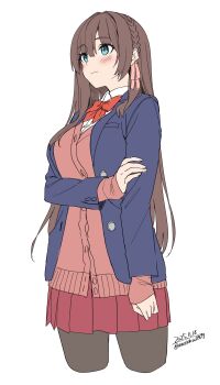 1girl absurdres black_pantyhose blazer blue_eyes blue_jacket blush bow braid breasts brown_hair cardigan closed_mouth collared_shirt hair_ribbon highres jacket long_hair long_sleeves medium_breasts open_clothes open_jacket original pantyhose pink_cardigan pink_ribbon pleated_skirt red_bow red_skirt ribbon school_uniform shirt simple_background skirt solo unasaka_ryou white_background white_shirt