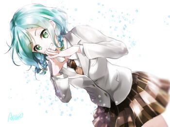 1girl aose_ao aqua_hair bang_dream! bang_dream!_girls_band_party! braid brown_necktie brown_skirt collared_shirt commentary_request diagonal-striped_clothes diagonal-striped_necktie green_eyes grey_jacket haneoka_school_uniform highres hikawa_hina jacket long_sleeves looking_at_viewer medium_hair necktie plaid_clothes plaid_skirt pleated_skirt school_uniform shirt side_braids signature skirt solo striped_clothes twin_braids upper_body white_background white_shirt